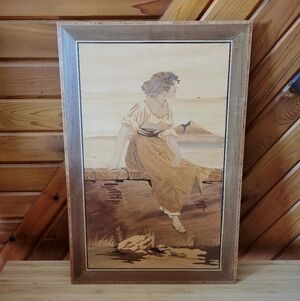 Vintage 1976 Italian Wood Inlay Art – Naples Marquetry Woman Scene Framed